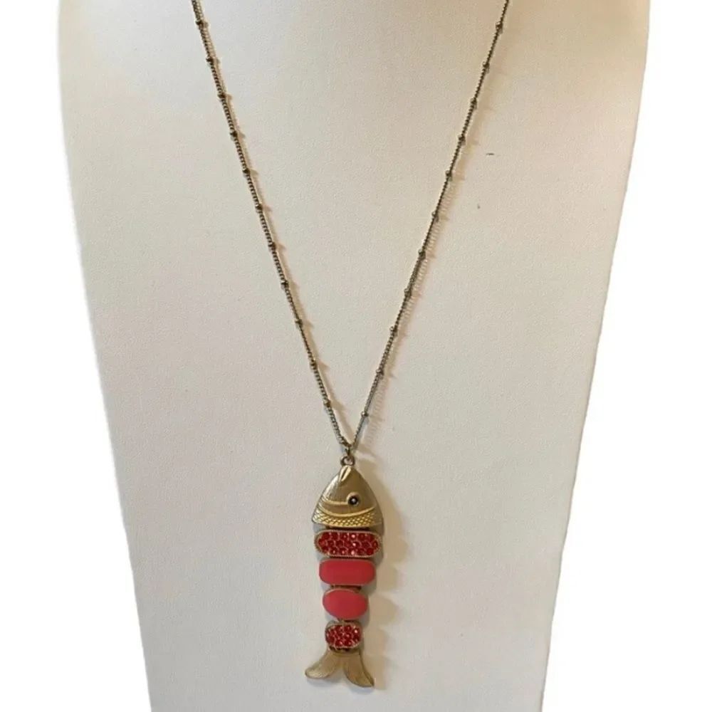 Gold Toned Fish Pendant w/ Orange Gemstones. 5 moveable parts. Very Cool Piece!